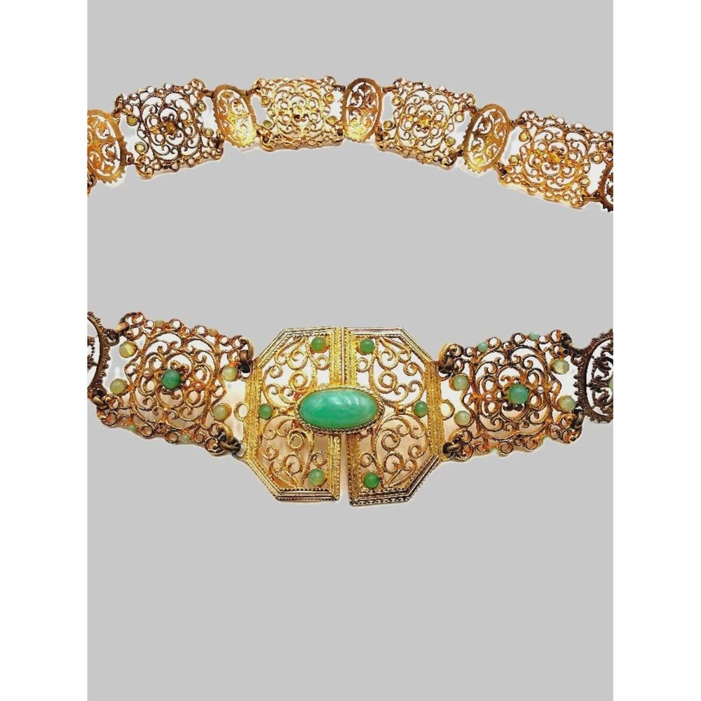 Vtg Gold-Tone Filigree Panel Belt – Ornate Art Deco Boho MCM Green Peking Glas